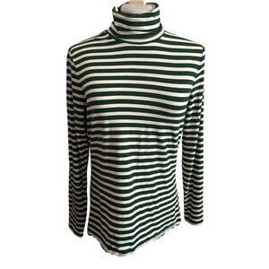 Lands End Womens Green & White Striped Long-Sleeve Shaped Fit Turtleneck M 10-12